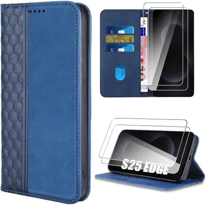 Image de Coque + 2 Verres Trempés pour Samsung Galaxy S25 Edge, Protection Anti-Rayures Effet Cuir Bleu Marine