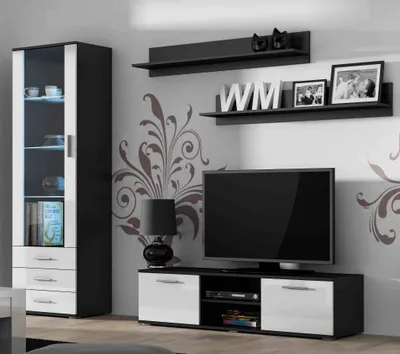 Produktbild von Furniture24 Wohnwand SOHO 7 mit Blauer LED Beleuchtung, Anbauwand, Wohnzimmerschrank, Schrankwand, Vitrine, Lowboard, Hängeregal Schwarz/Weiß Hochglanz