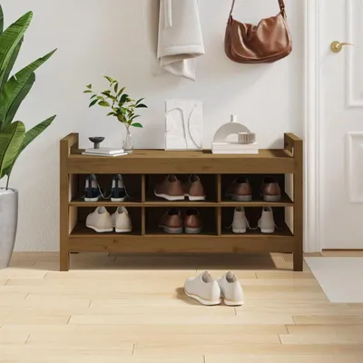 Immagine prodotto di Panca portaoggetti in legno massello di pino - 110x40x60 cm - Colore miele - Ideale come porta scarpe o panca per l'ingresso