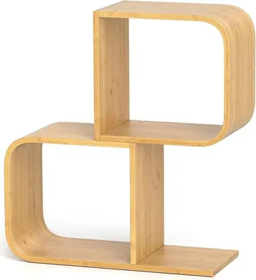 Immagine prodotto di libreria a giorno a 2 livelli, Scaffale a S in bambù con 2 cubi, Organizzatore geometrico, Scaffale espositivo, Portaoggetti decorativo, Naturale