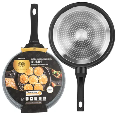 A frying pan and its packaging are shown against a white background.