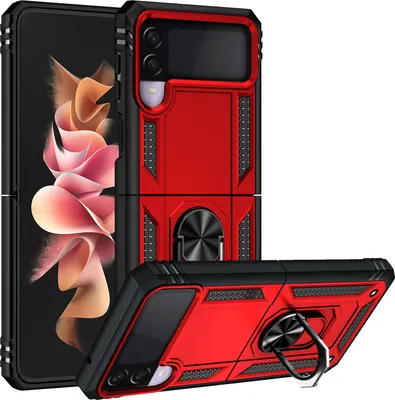 Obrázek produktu pro Pouzdro pro Samsung Galaxy Z Flip 3 5G dvouvrstvé robustní, vojenská ochrana pouzdro s držákem prstenu a stojánkem červené