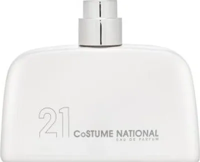 A white bottle of perfume with a silver cap.