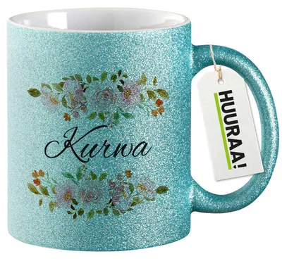 Produktbild von Huuraa Glitzertasse Kurwa polnisch Blumen 330ml Blau Keramik Kaffeebecher Geschenkidee