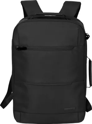 A black rucksack is shown from the front against a white background.