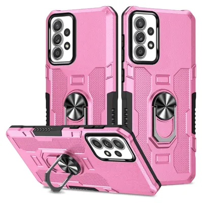 Multiple views of a pink phone case with a ring holder.
