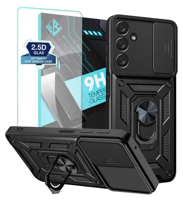 A black smartphone case with a built-in camera cover and ring stand, shown alongside a screen protector.