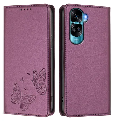 Image de Étui en cuir pour Honor 90 Lite, motif papillon, étui portefeuille à rabat avec support, violet