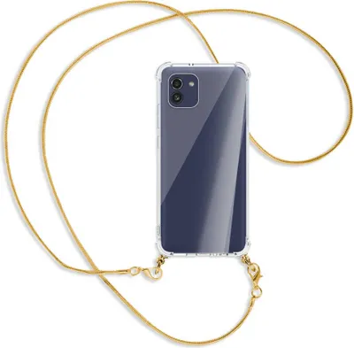 Produktbild von Handykette Backcover-Schutzhülle mit Band (Metall goldfarben) für Samsung Galaxy A03 4G - goldfarbene Snake-Kette