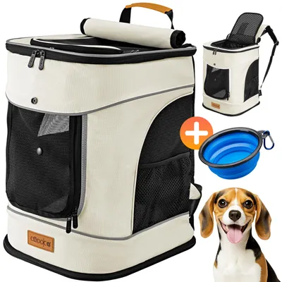 Productafbeelding van CADOCA® Huisdierrugzak tot 12 kg, verstelbare banden, opvouwbaar, korte lijn, reflecterende strepen, huisdierdrager, geschikt voor katten en honden, beige