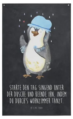 Produktbild von Mr. & Mrs. Panda Wandteppich Pinguin Duschen - Kreidetafel - Geschenk, Duschkonzert, Tapisserie, Motivation, Wandbild, Tanzen, Singen, Dusche, Hängedeko, Gobelin
