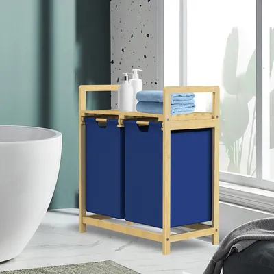 Produktbild von ML-Design Wäschekorb aus Bambus, Dunkelblau, mit 2 ausziehbaren Wäschesäcken 60L