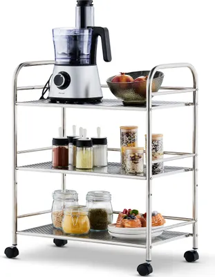 Produktbild von CLIPOP Edelstahl Servierwagen, Küchenwagen mit 3 Regale, Abschließbar Räder, für Küche, 60x35x75 cm