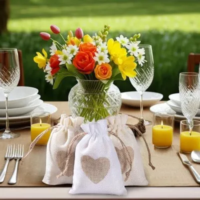 Produktbild von Jutesäckchen 24 Stück Natur Stoffbeutel Geschenksäckchen mit Kordelzug, Kleine Herz Schmuckbeutel für Hochzeit und Feiern