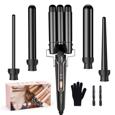Produktbild von Lockenstab Lockenstäbe 3 Fässer Welleneisen 5 in 1– Lockenstab Set 3 Fässer für großer Wellen, Temperatureinstellung, Schnellaufheizung und einem Handschuh, 2 Clips,Schwarz