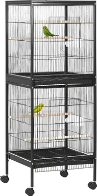 Image de Cage à oiseaux - 2 étages - Avec roulettes - Bacs de récupération amovibles - Acier/bois - 51,5 x 50 x 140 cm - Noir