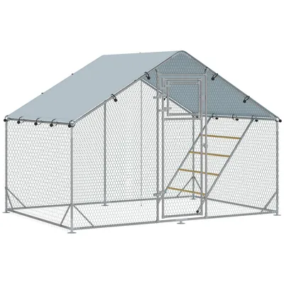 Zdjęcie produktu dla Fortuna Lai Kurnik Wolierka stalowa, 300 x 200 x 195 cm Klatka dla kur z pokrywą odporną na promieniowanie UV, drzwiczkami do karmienia, wiszącym karmnikiem, grzędą, wolierka dla 6-8 kur, małych zwierząt, srebrna