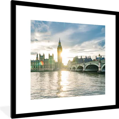 Produktbild von MuchoWow® Gerahmtes Poster Sonnenuntergang hinter Big Ben in England 40x40 cm - Poster mit Schwarzem Bilderrahmen Wandposter Rahmen Foto Bilder - Poster - Plakat im Rahmen