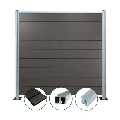 Produktbild von Woodstore24 - WPC Sichtschutzzaun - anthrazit – 2 x Zaun & 3 x Pfosten - 185 cm x 180 cm - Gartenzaun Komplettset - inkl. Pfosten Silber eloxiert