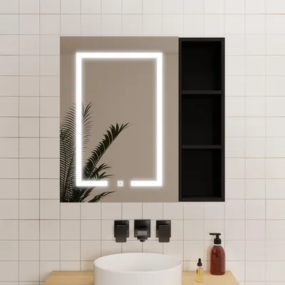 Produktbild von LED Spiegelschrank mit Seiteschrank 70x70cm Rasier-Steckdose Drei Lichtfarbe Dimmbar Touch/Wandschalter Beschlagfrei IP44 - Hochglanz Schwarz