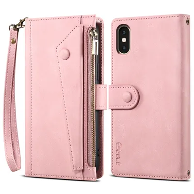 Obrázek produktu pro Ochranné pouzdro pro iPhone X / iPhone XS, kožené pouzdro na zip, skládací peněženka s přihrádkou na karty, stojánek a poutko Růžový