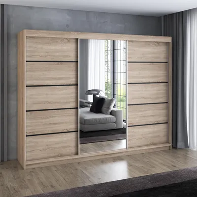 Produktbild von Schwebetürenschrank 200 cm, 3-türig, mit Spiegel & 4 Schubladen, Retro-Stil, Kleiderschrank VILUNO 2 in Sonoma / Sonoma / Sonoma