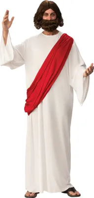 A man dressed as Jesus, standing and posing.