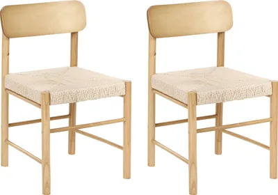Produktbild von BELIANI Esszimmerstuhl 2er Set Hellbraun Gummibaumholz Geflochtene Sitzfläche Boho Stil Stuhl mit Papiergeflecht Holzstuhl Küchenstuhl ohne Armlehnen