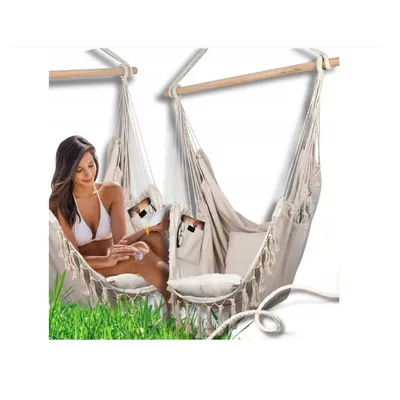 Produktbild von QLS Hängesessel Boho-Stil 130x100 cm mit 2 Kissen Hängestuhl bis 200 kg beige 11283