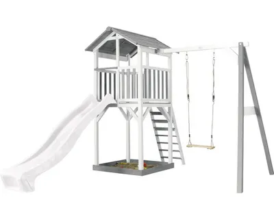 Obrázok produktu pre AXI Beach Tower with Single Swing Grey/white - White Slide, domček na piliéroch, 3 rok / roky, Šmykľavka, Šedá, Biela