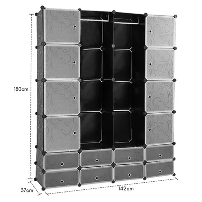 Obrázok produktu pre Jopassy DIY regálový systém šatníková skriňa 16 boxov + 8 zásuviek plastová šatníková skriňa 180x142x37cm čierna s dverami