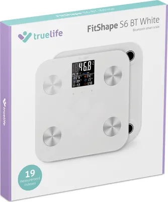 The image shows the packaging of a TrueLife FitShape S6 BT smart scale.