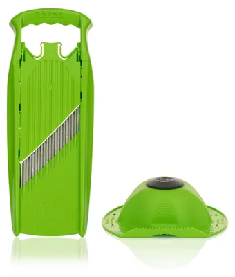A green mandoline slicer and a green food holder are displayed against a white background.