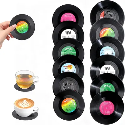 Produktbild von Glasuntersetzer 12 Stück, 9.5-10.5 cm, Schallplatten Design, für Partys