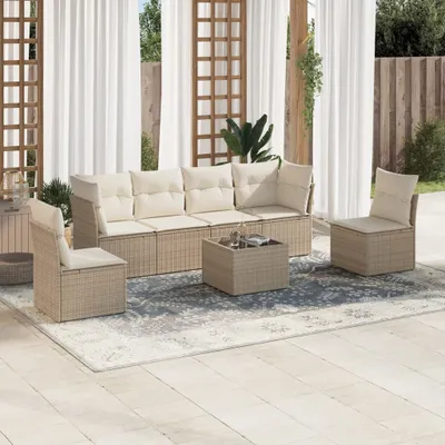 Produktbild von CLORIS 7-tlg. Garten-Sofagarnitur - mit Kissen - Beige Poly Rattan - Gartenmöbelgarnituren LL0000257335
