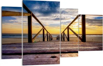 Produktbild von Bild auf Leinwand - Leinwandbild - Strand Ozean Sand Holzbrücke Sonnenuntergang - 120x70cm - Wand Bild - Wanddeko - Leinwanddruck - Bilder - Kunstdruck - Leinwand bilder - Wandkunst - DL120x70-0430