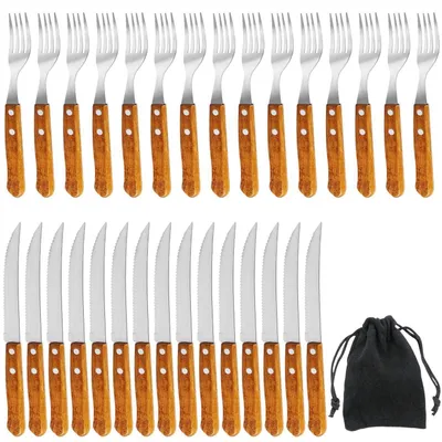 Produktbild von Steakbesteck Set 30 Teile | 15 Steakmesser & 15 Steakgabel | Edelstahl mit Holzgriff | Nicht Spülmaschinenfest