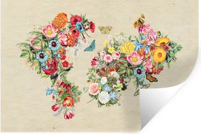 Produktbild von MuchoWow® Wandtattoo Wandsticker Wandaufkleber Weltkarte - Blumen - Bastelpapier 60x40 cm Selbstklebend und Repositionierbar - Wierderverwendbar - Selbstklebend