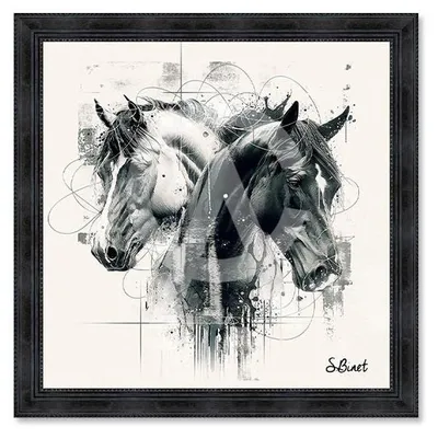 Image de Cadre en bois avec impression en PVC vernis "Chevaux Doubles NB" - Noir - 60 x 60 cm - Collection Binet
