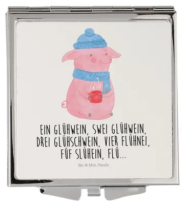 Produktbild von Mr. & Mrs. Panda Schminkspiegel Schweinchen Glühwein - Weiß - Geschenk, Handspiegel, Betrunken, Reise, Weihnachtsmarkt, klein, Weihnachten, Kosmetikspiegel, Spruch
