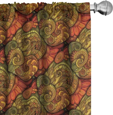 Produktbild von ABAKUHAUS Paisley Vorhänge, Gardinen, Abstraktes ethnisches Motiv mit Blüten mit Konturn-Linien Kitsch-Bild, 2 Stück 75 x 245 cm, Reseda Grün Orange
