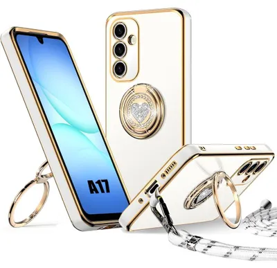 Image de Coque pour Samsung Galaxy A17 4G/5G, Silicone avec Anneau Motif Cœur Brillant et Cordon - Blanc