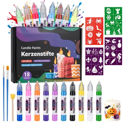 Kerzenmal-Set, 18 Farben, 15 ml, mit 3 Pinseln und 4 Schablonen