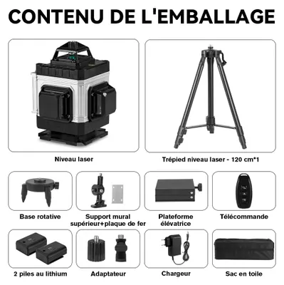 Immagine prodotto di Livella laser - 4D, 16 linee - Autolivellante - Orizzontale e verticale - Laser verde - Portata 25 m - Kit con treppiede da 120 cm