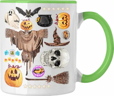 Produktbild von Trendation - Halloween Tasse Kürbis Dekoration Becher Geister Fledermaus Totenkopf Hexe Grusel (Grün)