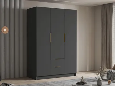Produktbild von MIRJAN24 Kleiderschrank Calwi I 150, Schlafzimmer, Drehtürenschrank, mit Kleiderstange, Modern, Garderobenschrank, Metallgriffe (Farbe: Schwarz + Gold)