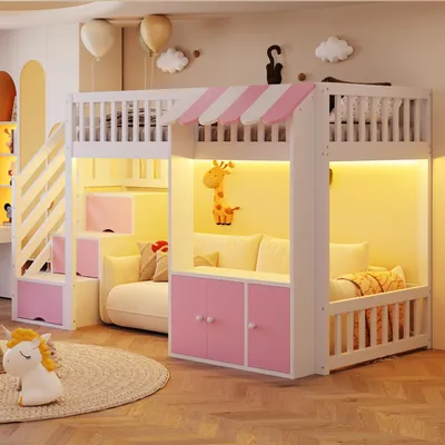 Image de Lit superposé Merax 90 x 200 cm avec armoire de rangement, lit enfant avec bandeau lumineux LED et escalier de rangement, lit en bois avec barrière de sécurité, rose