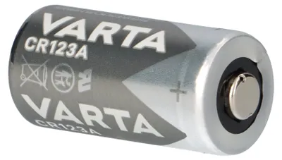 A single VARTA CR123A lithium battery is shown against a white background.
