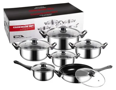 Produktbild von 12-teiliges Kochgeschirrset aus Edelstahl Topfset Kochset Induktion Gas Halogen Kochbesteck
