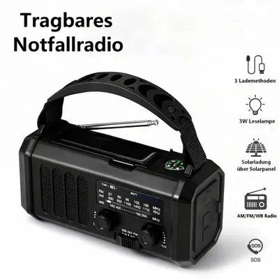 Produktbild von AIORBER Notfallradio AM/FM/WB mit Solar & Kurbel, 10000mAh Akku, LED Taschenlampe, SOS Alarm, Outdoor Camping Radio – Schwarz